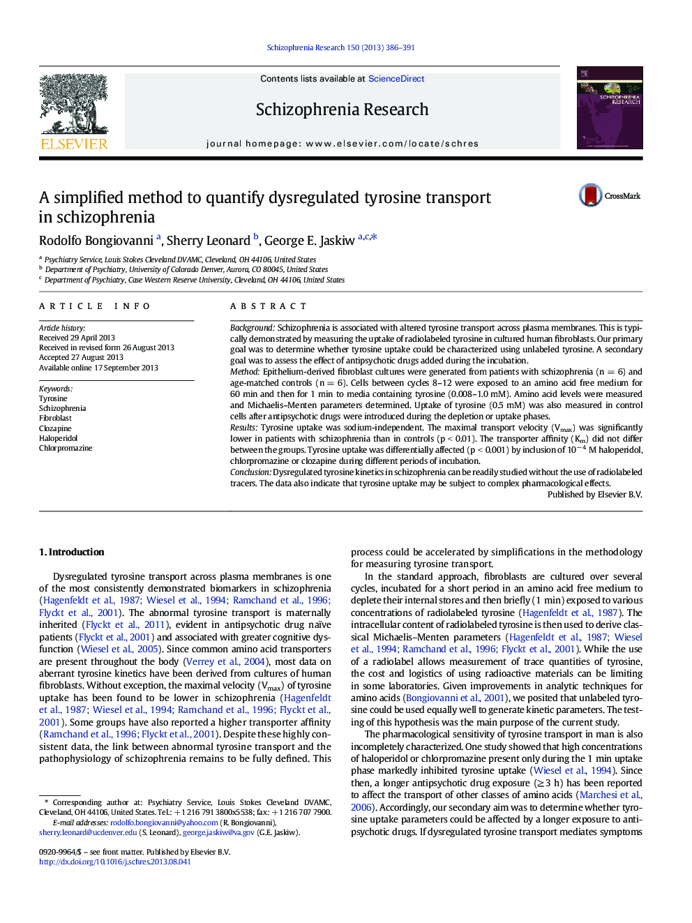 A simplified method to quantify dysregulated tyrosine transport in schizophrenia