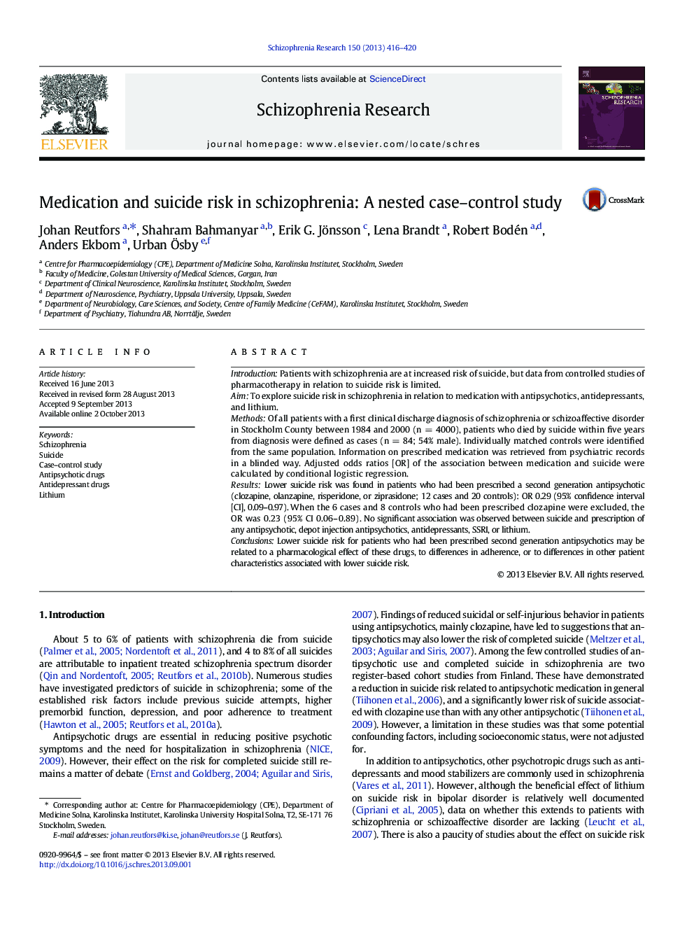 Medication and suicide risk in schizophrenia: A nested case-control study