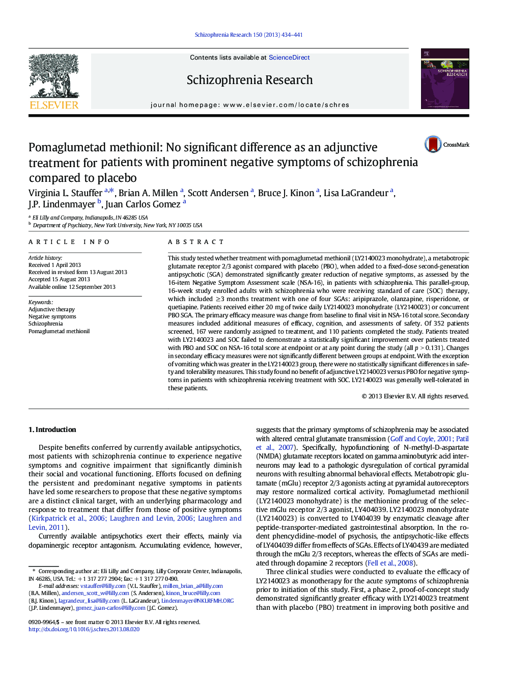 Pomaglumetad methionil: No significant difference as an adjunctive treatment for patients with prominent negative symptoms of schizophrenia compared to placebo