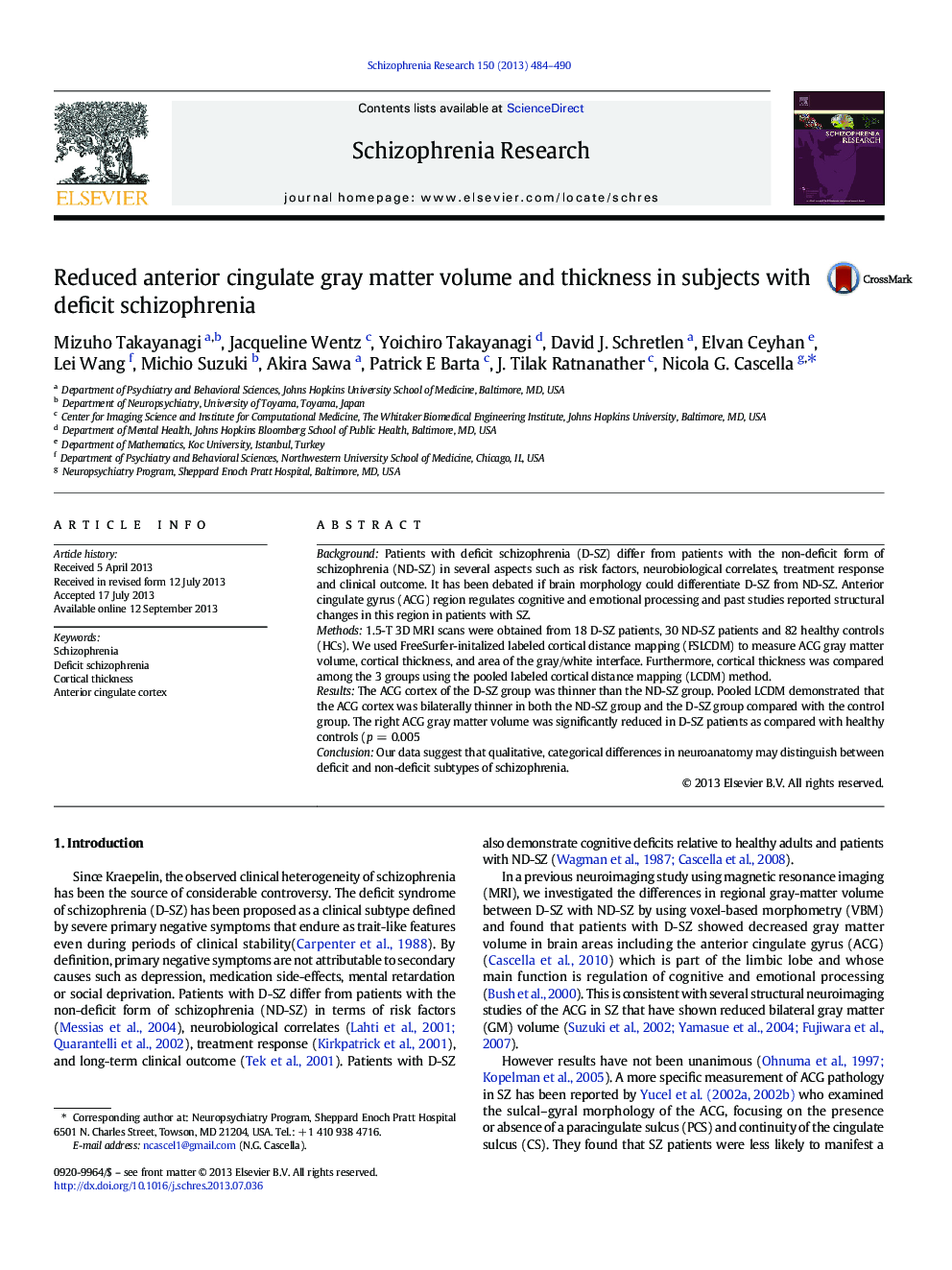 Reduced anterior cingulate gray matter volume and thickness in subjects with deficit schizophrenia