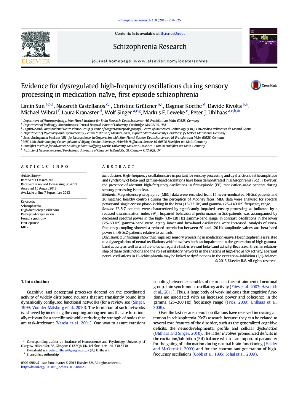 Evidence for dysregulated high-frequency oscillations during sensory processing in medication-naïve, first episode schizophrenia