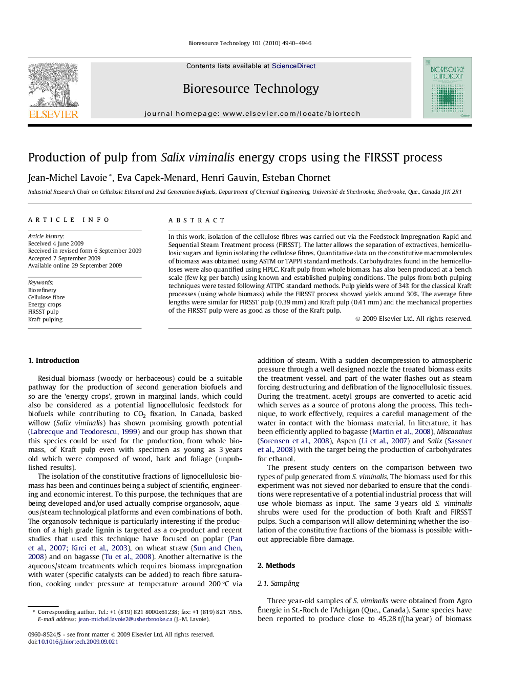 Production of pulp from Salix viminalis energy crops using the FIRSST process