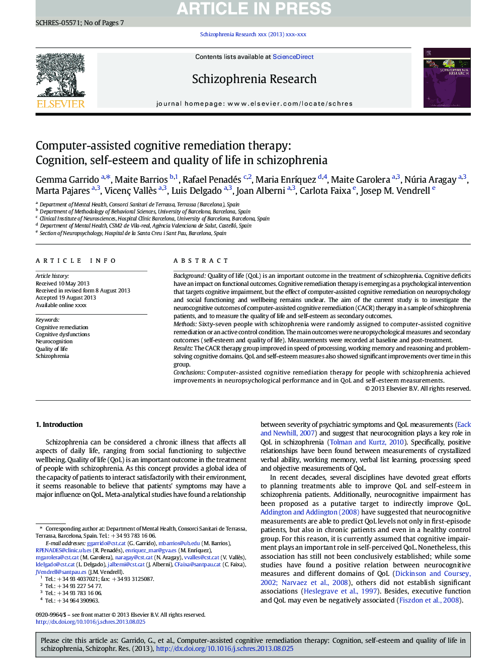 Computer-assisted cognitive remediation therapy: Cognition, self-esteem and quality of life in schizophrenia