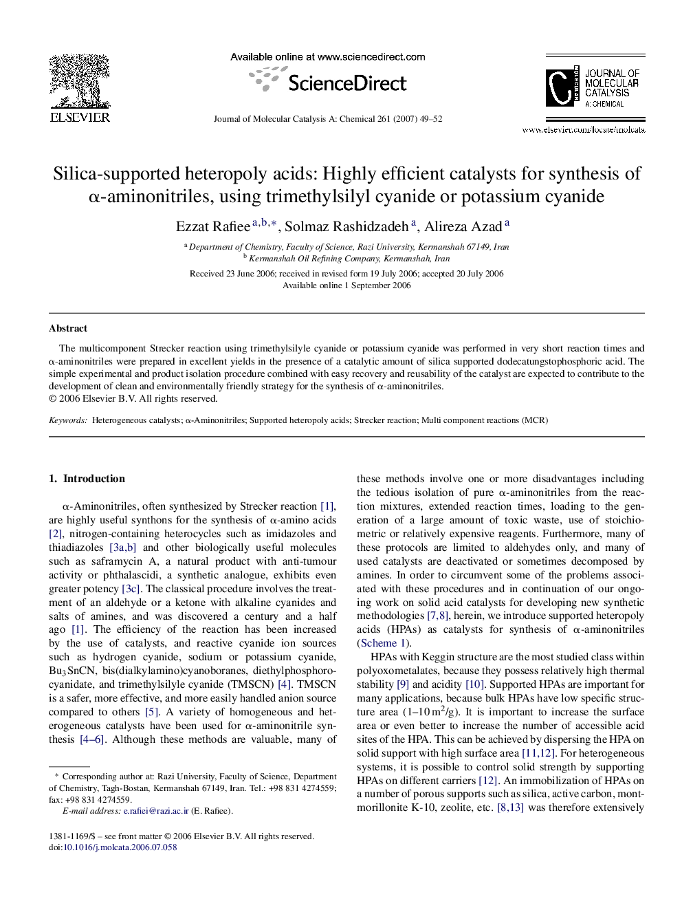 Silica-supported heteropoly acids: Highly efficient catalysts for synthesis of α-aminonitriles, using trimethylsilyl cyanide or potassium cyanide