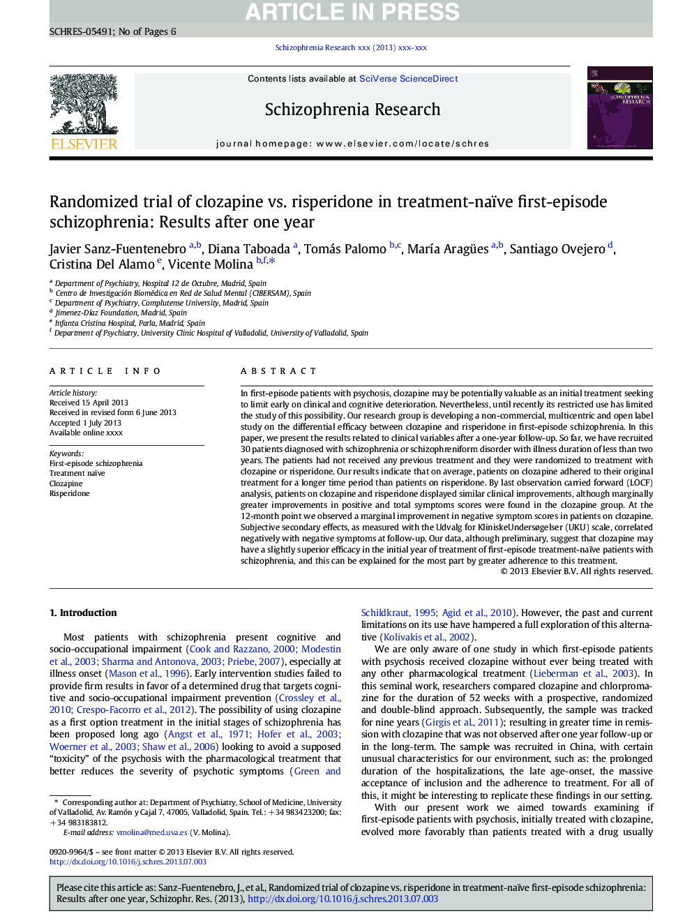 Randomized trial of clozapine vs. risperidone in treatment-naïve first-episode schizophrenia: Results after one year