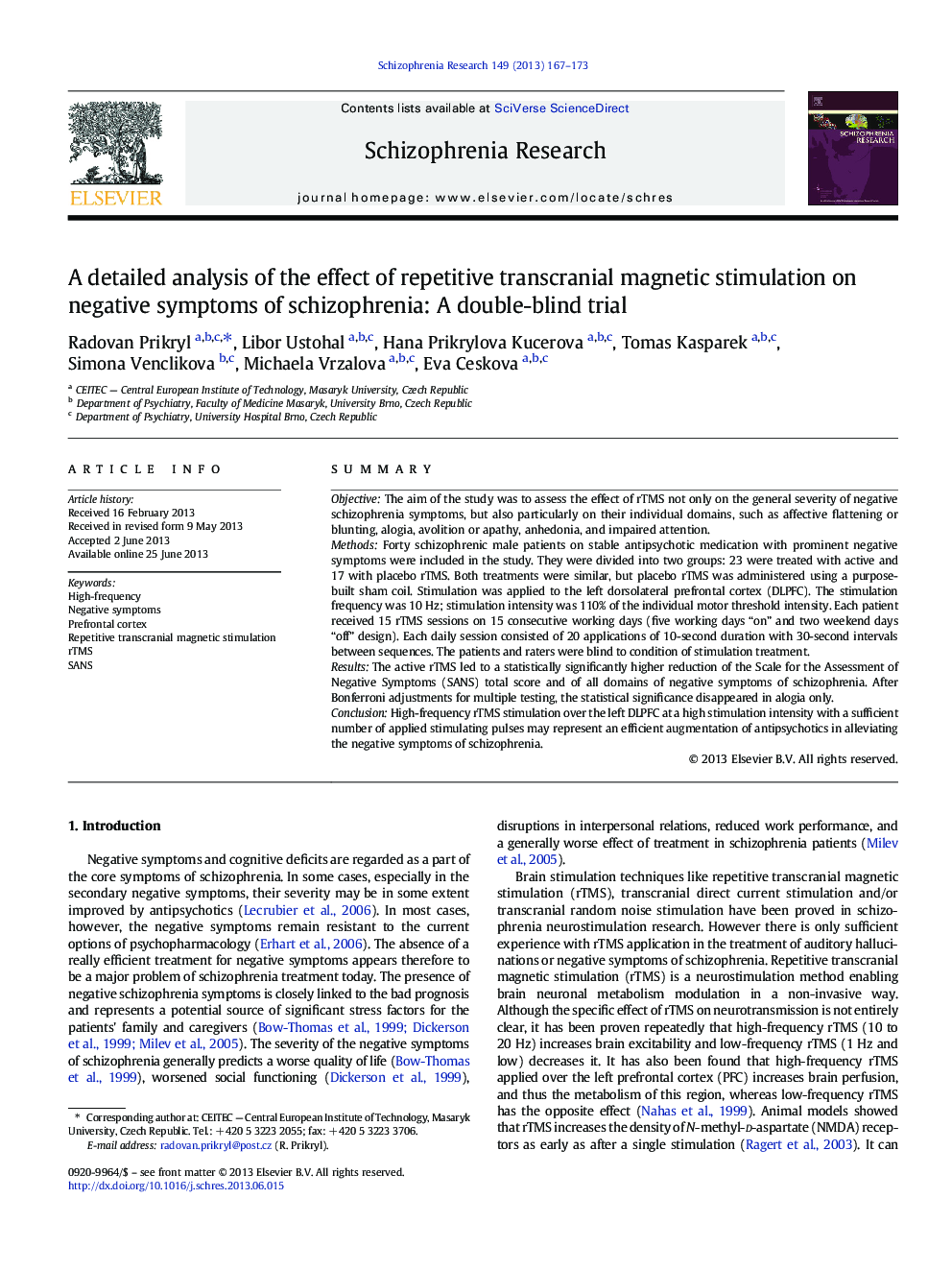 A detailed analysis of the effect of repetitive transcranial magnetic stimulation on negative symptoms of schizophrenia: A double-blind trial