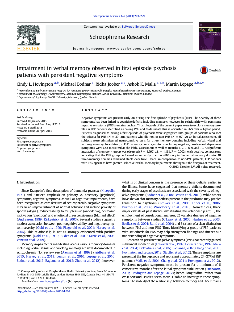 Impairment in verbal memory observed in first episode psychosis patients with persistent negative symptoms