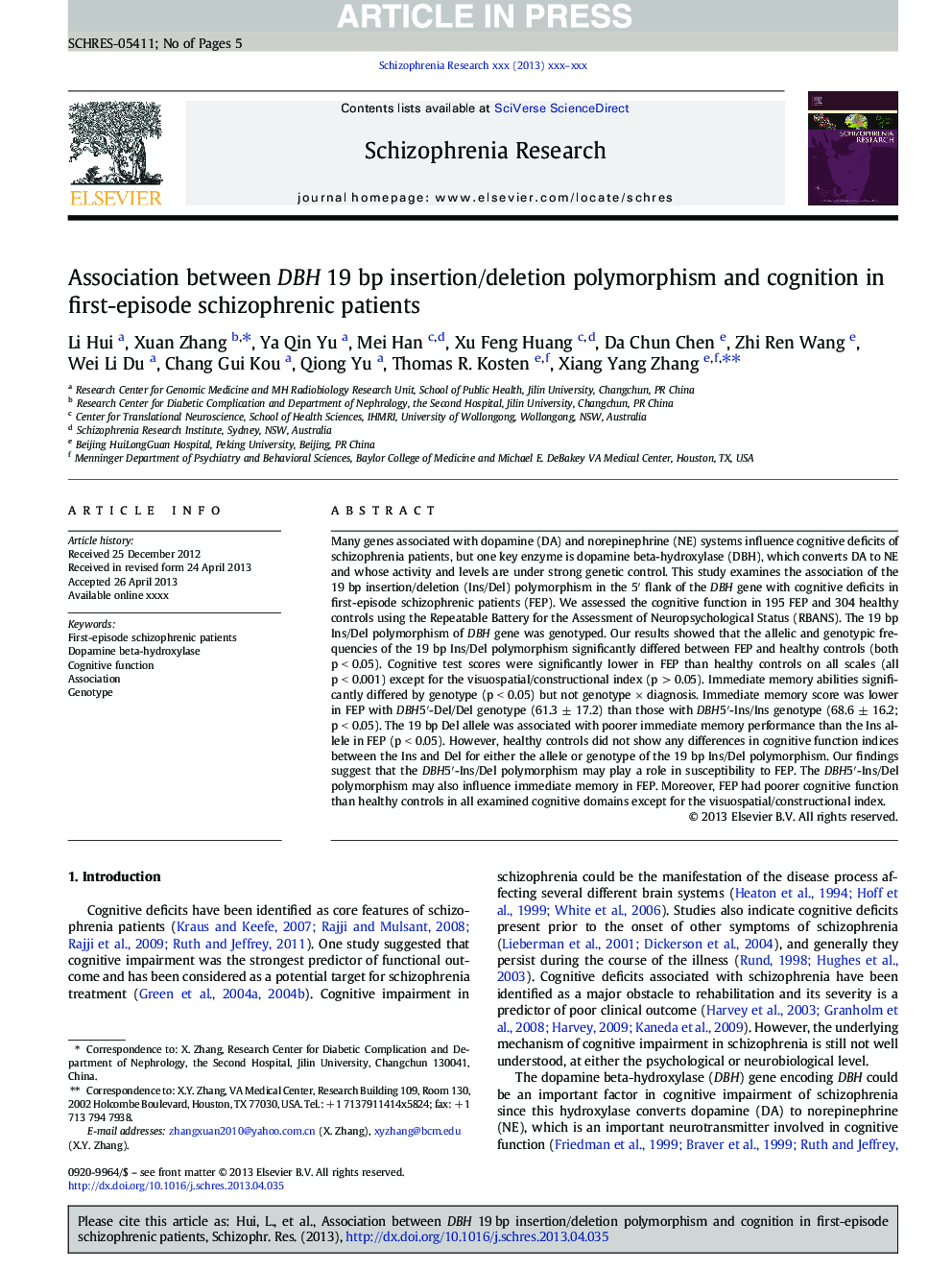 Association between DBH 19Â bp insertion/deletion polymorphism and cognition in first-episode schizophrenic patients