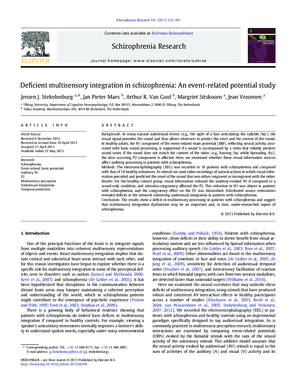 Deficient multisensory integration in schizophrenia: An event-related potential study