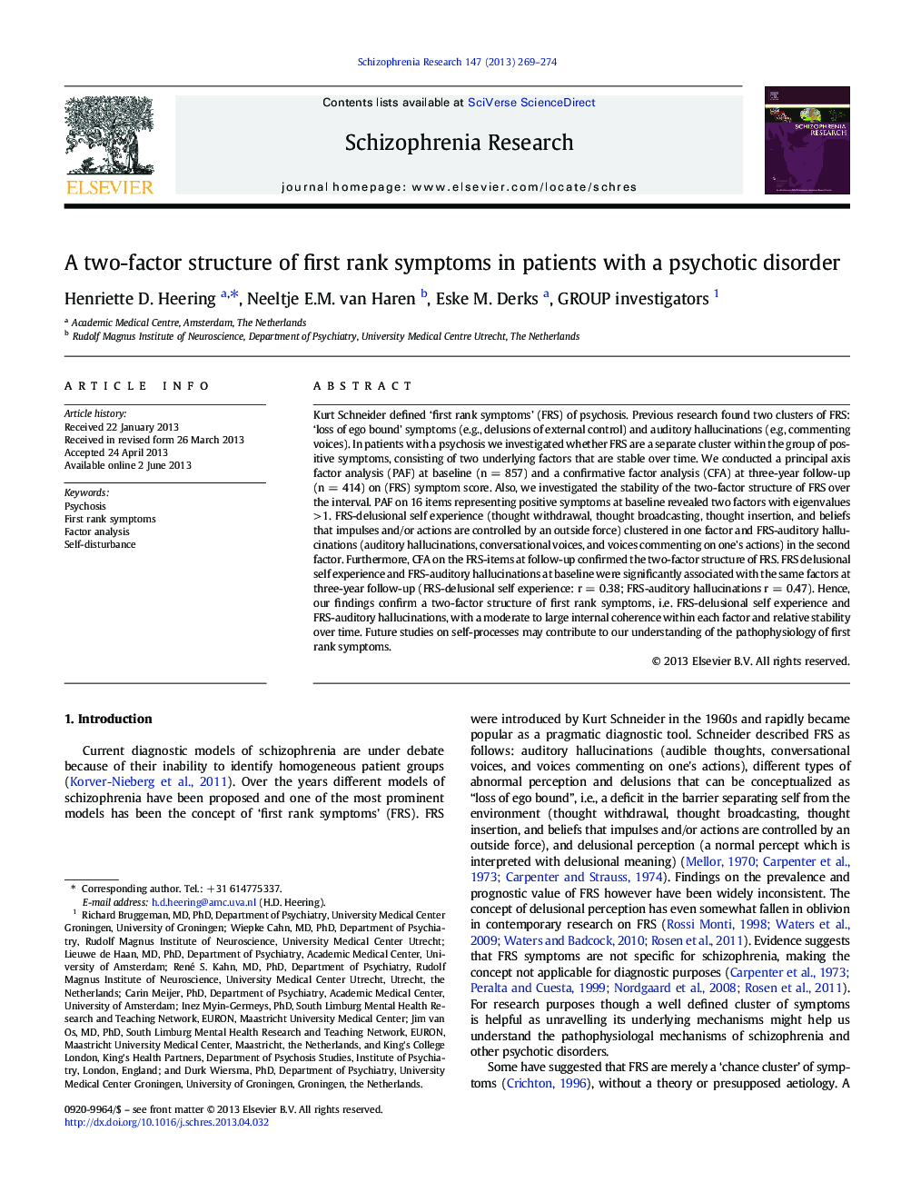 A two-factor structure of first rank symptoms in patients with a psychotic disorder