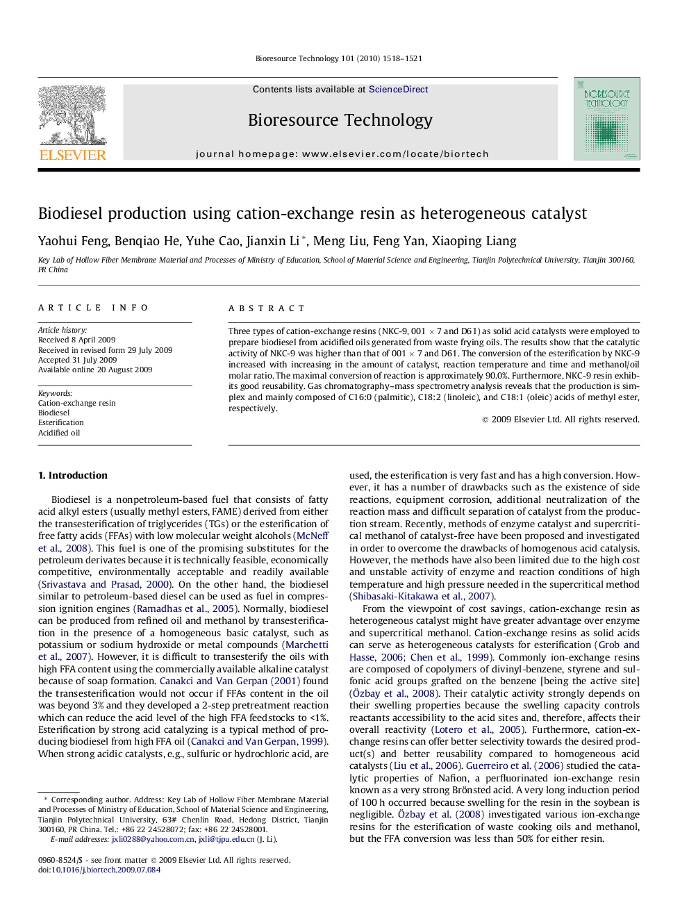 Biodiesel production using cation-exchange resin as heterogeneous catalyst