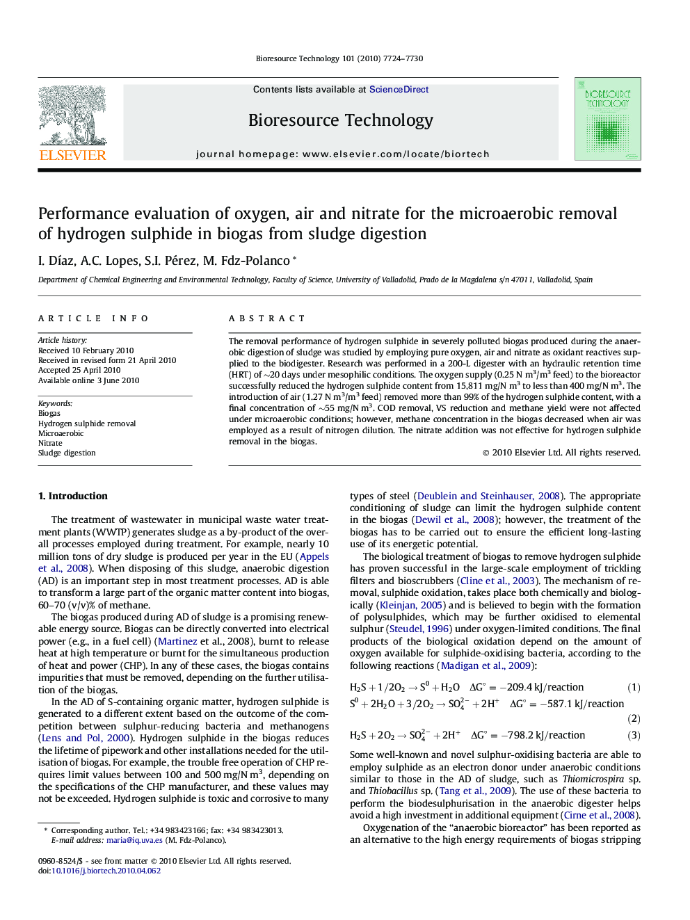 Performance evaluation of oxygen, air and nitrate for the microaerobic removal of hydrogen sulphide in biogas from sludge digestion