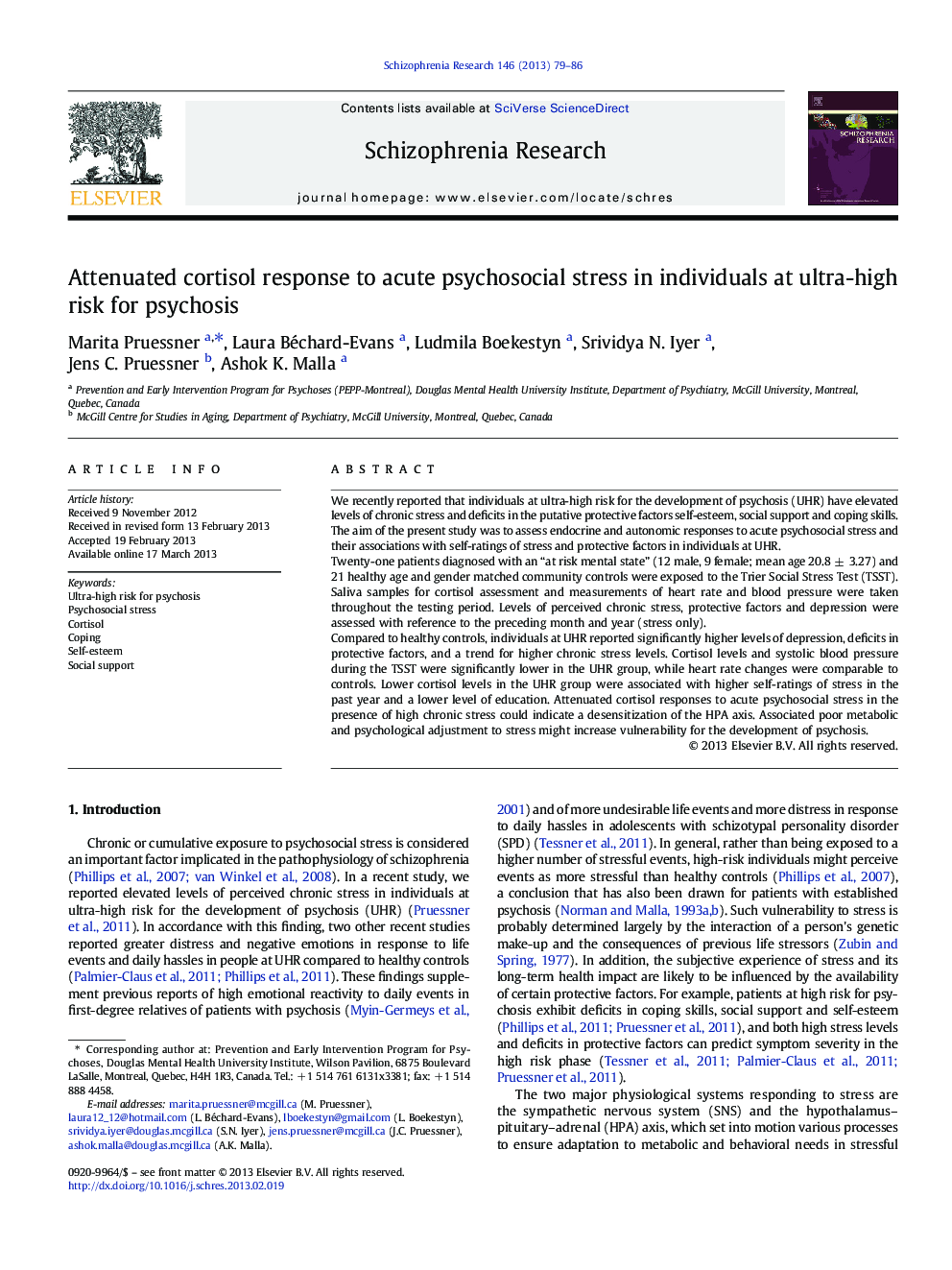 Attenuated cortisol response to acute psychosocial stress in individuals at ultra-high risk for psychosis