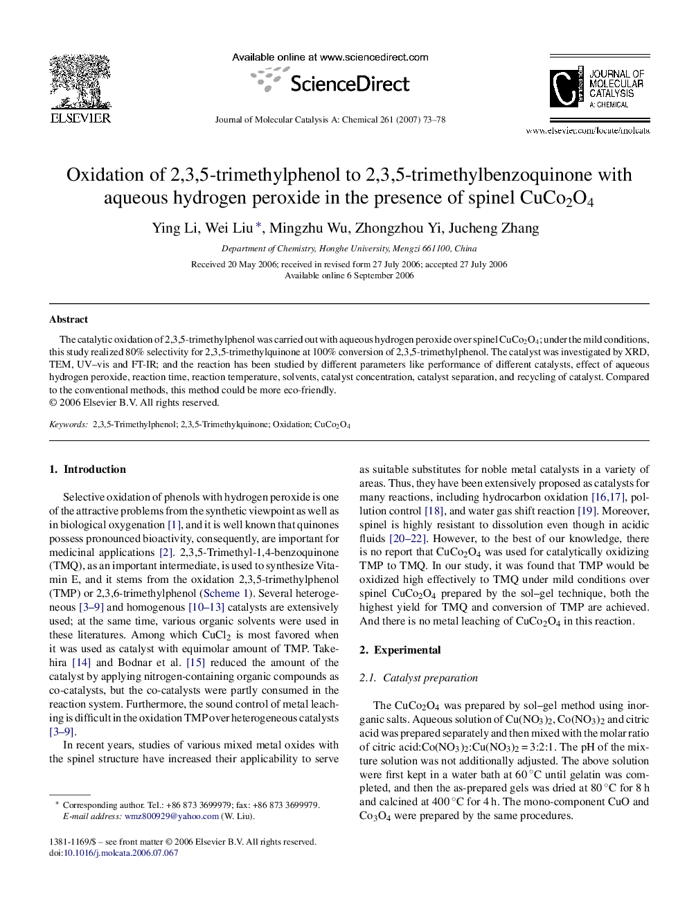 Oxidation of 2,3,5-trimethylphenol to 2,3,5-trimethylbenzoquinone with aqueous hydrogen peroxide in the presence of spinel CuCo2O4