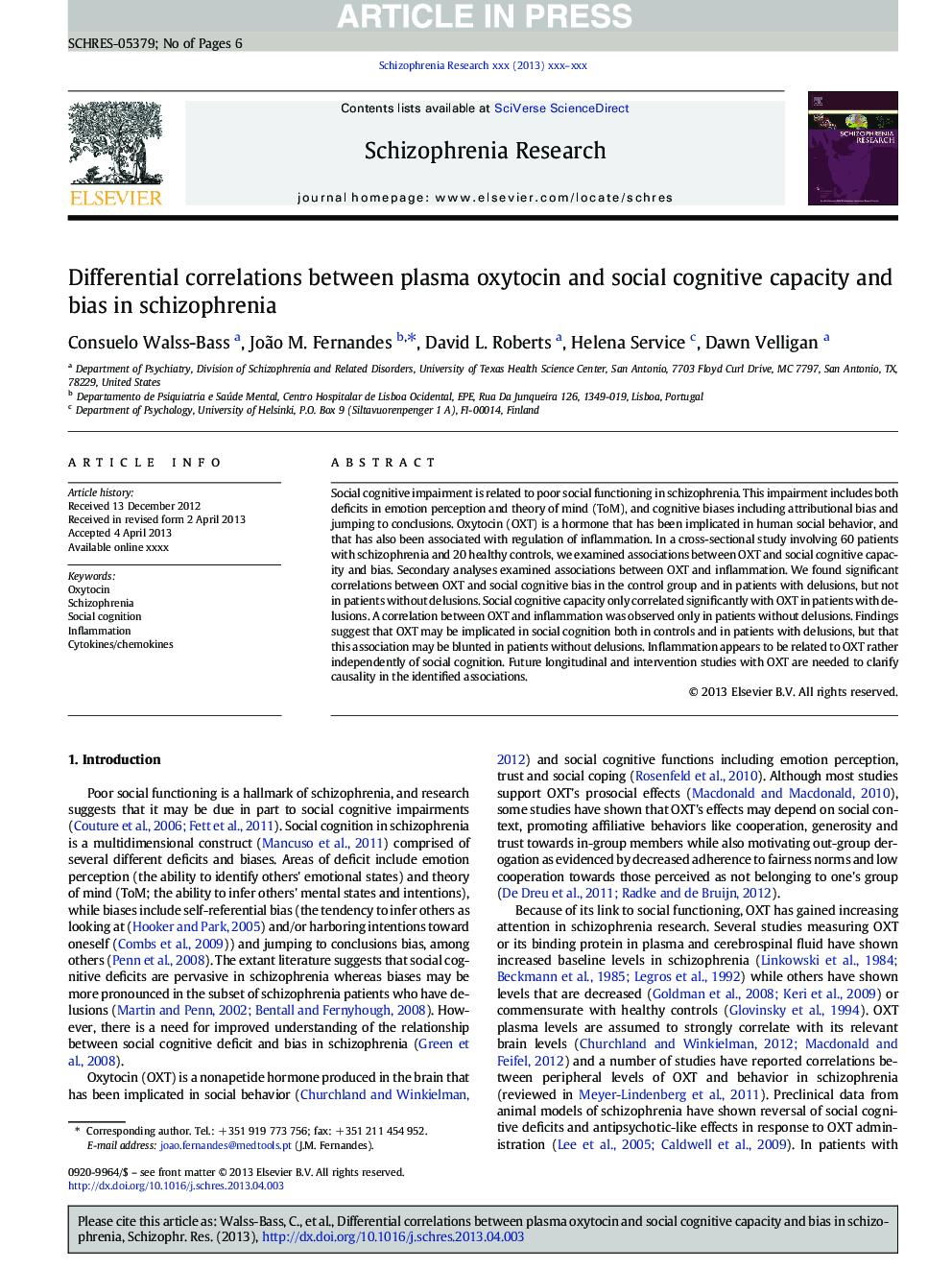 Differential correlations between plasma oxytocin and social cognitive capacity and bias in schizophrenia