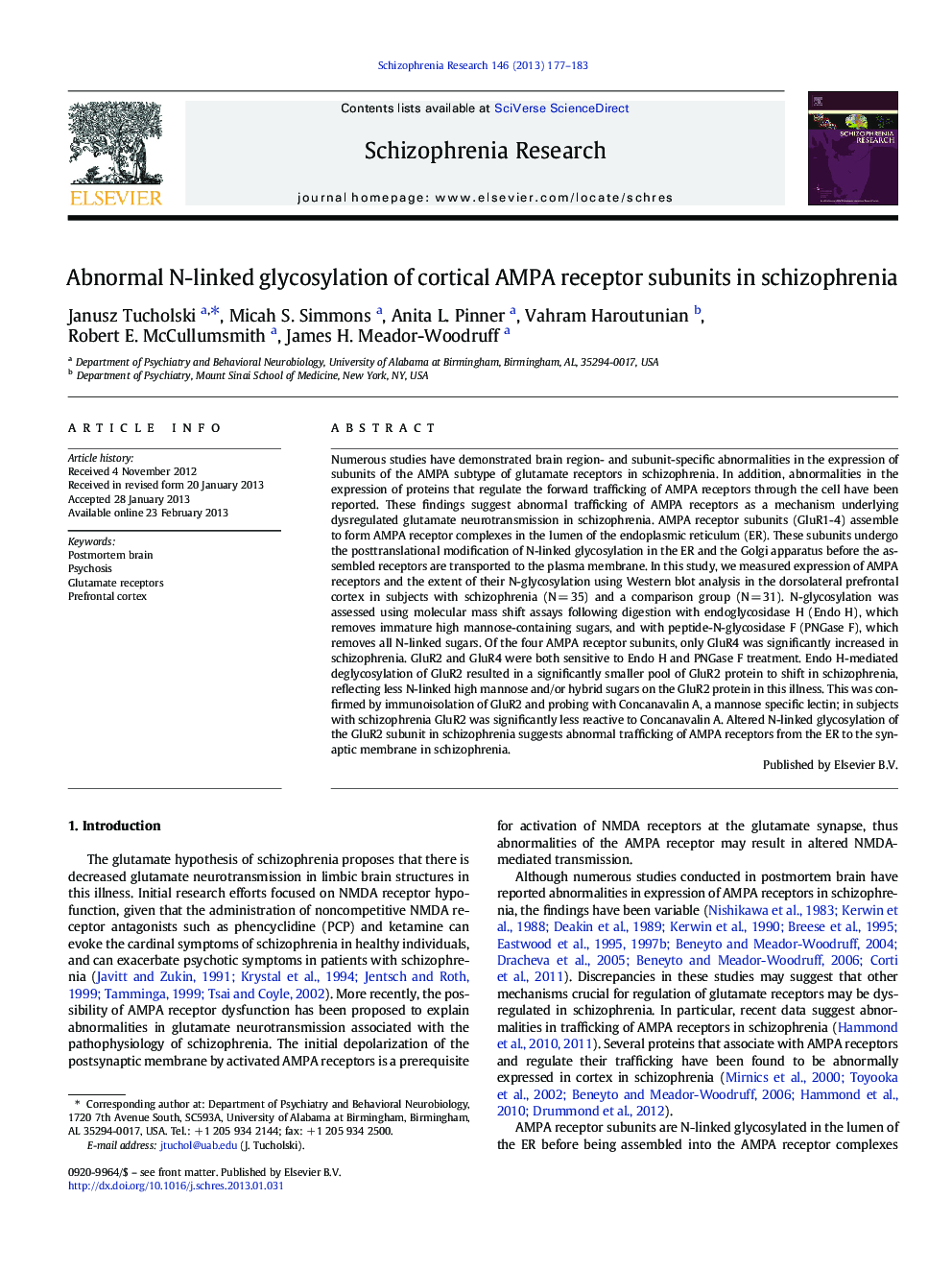 Abnormal N-linked glycosylation of cortical AMPA receptor subunits in schizophrenia