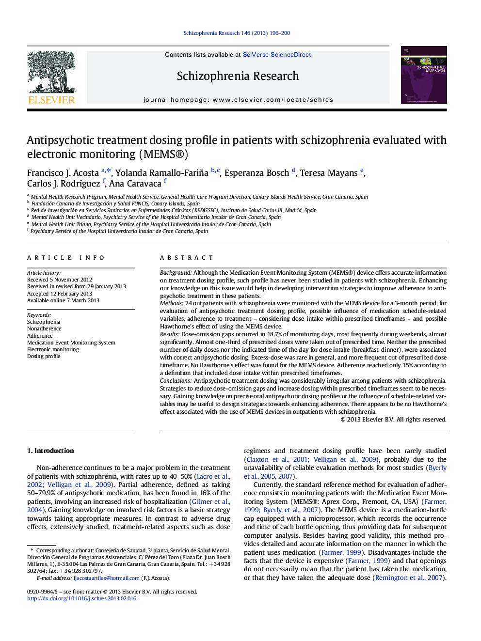 Antipsychotic treatment dosing profile in patients with schizophrenia evaluated with electronic monitoring (MEMS®)