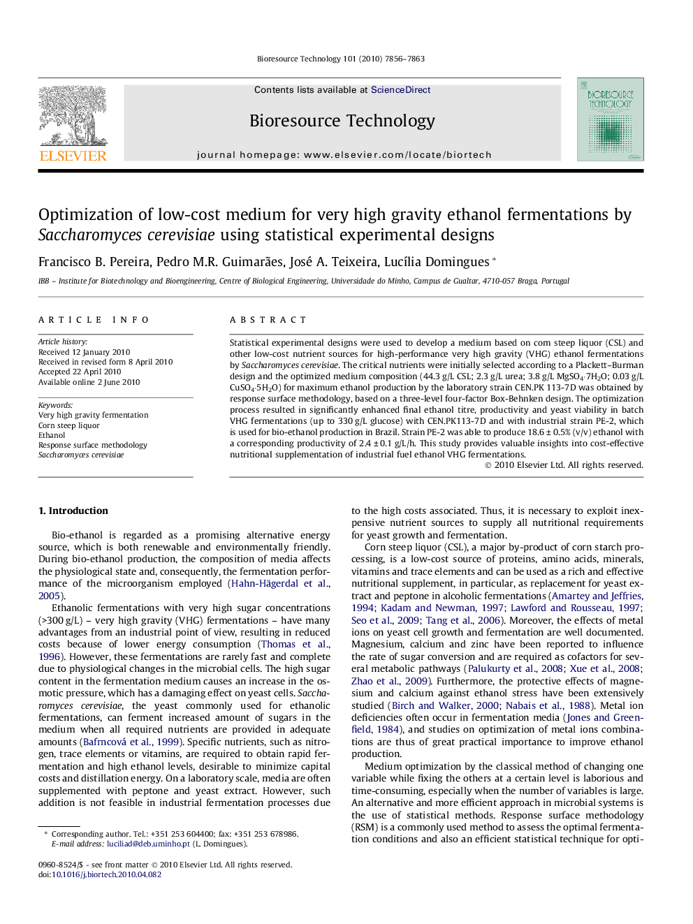 Optimization of low-cost medium for very high gravity ethanol fermentations by Saccharomyces cerevisiae using statistical experimental designs