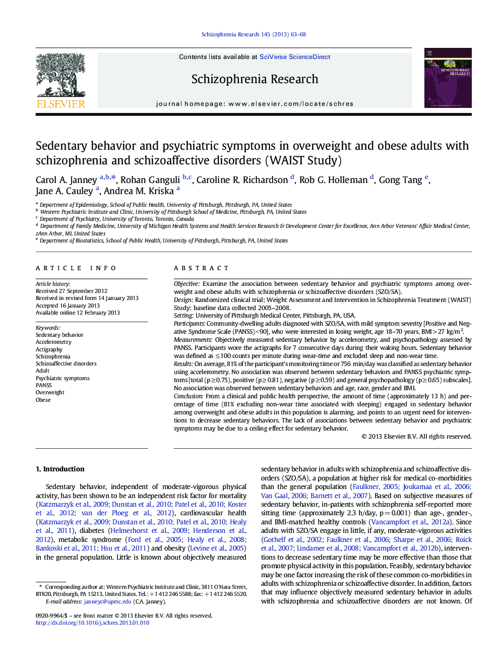 Sedentary behavior and psychiatric symptoms in overweight and obese adults with schizophrenia and schizoaffective disorders (WAIST Study)