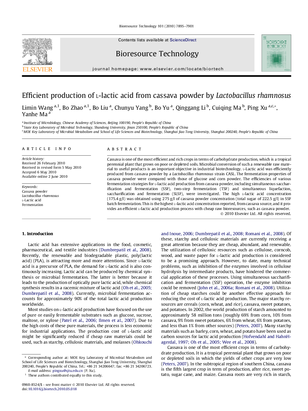 Efficient production of l-lactic acid from cassava powder by Lactobacillus rhamnosus