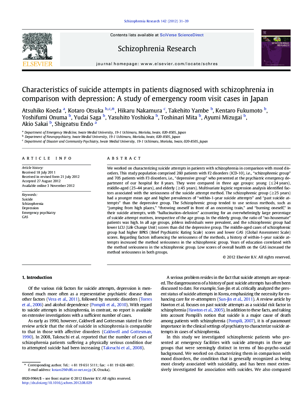 Characteristics of suicide attempts in patients diagnosed with schizophrenia in comparison with depression: A study of emergency room visit cases in Japan