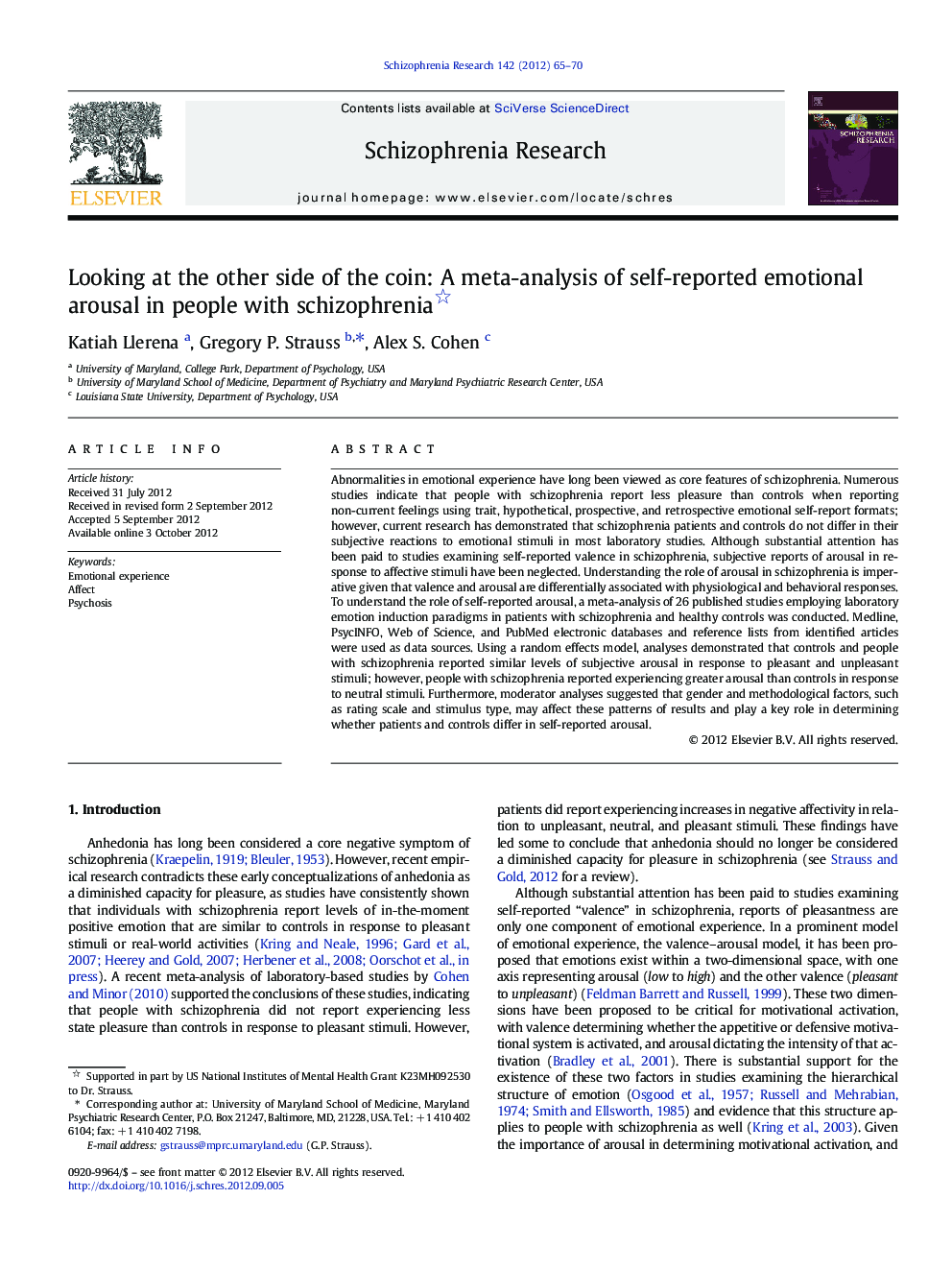 Looking at the other side of the coin: A meta-analysis of self-reported emotional arousal in people with schizophrenia