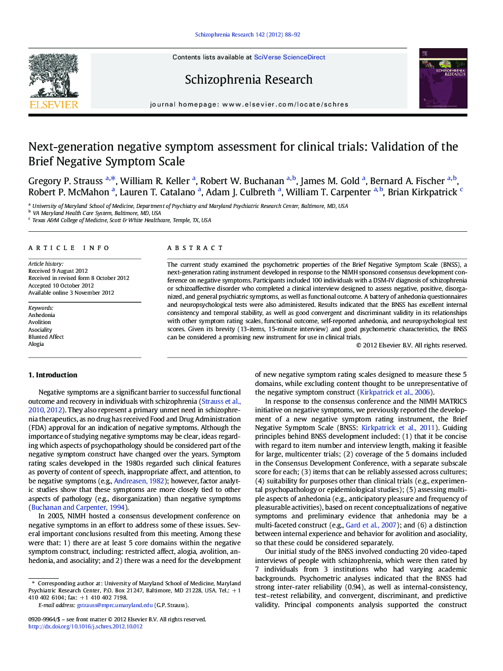 Next-generation negative symptom assessment for clinical trials: Validation of the Brief Negative Symptom Scale