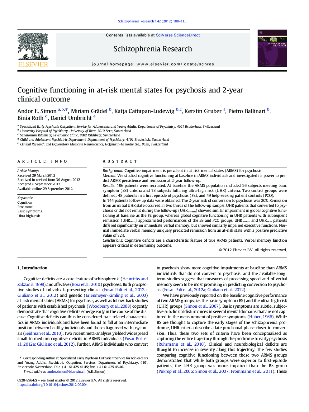 Cognitive functioning in at-risk mental states for psychosis and 2-year clinical outcome