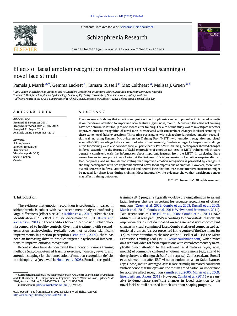 Effects of facial emotion recognition remediation on visual scanning of novel face stimuli