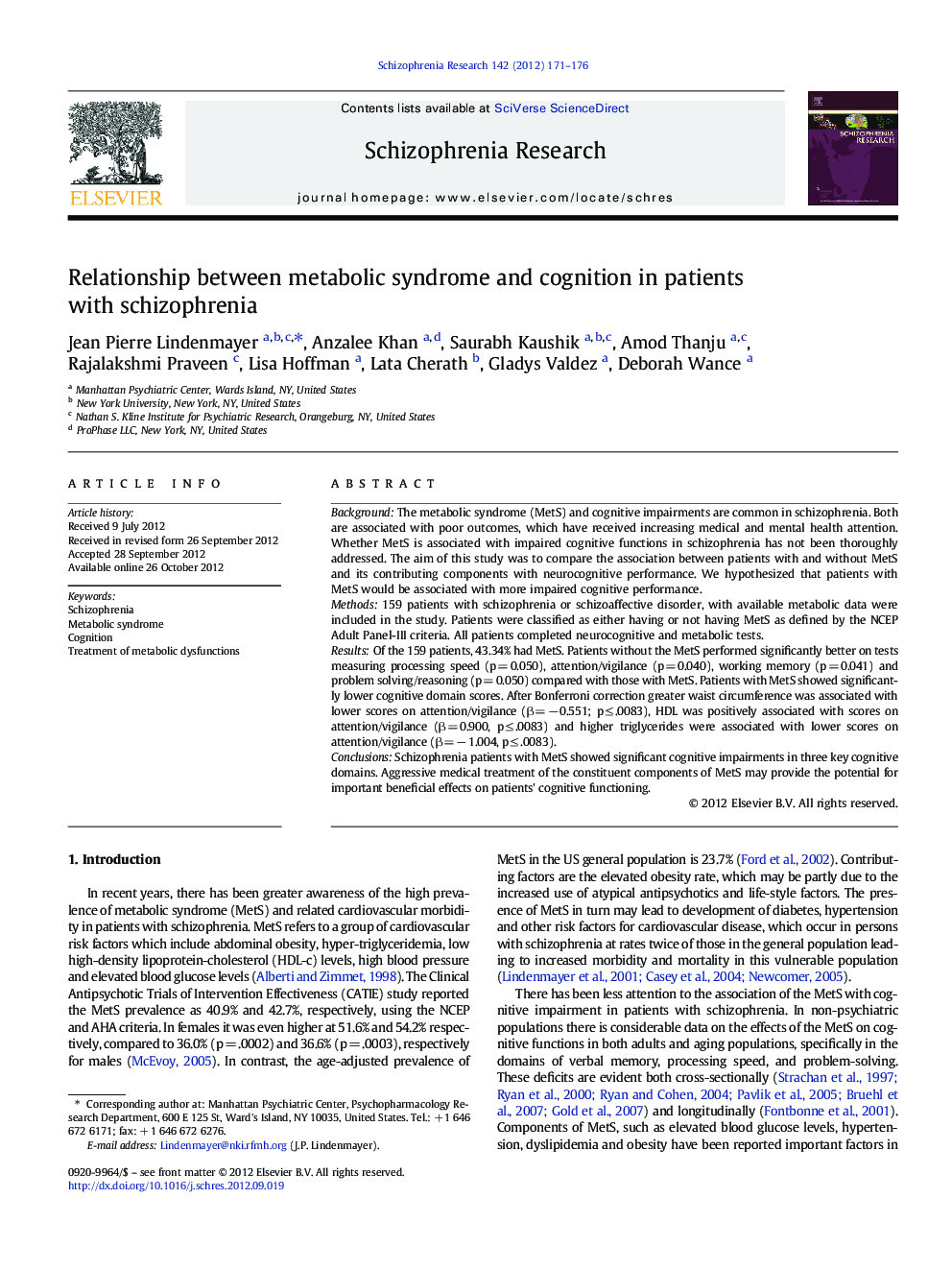 Relationship between metabolic syndrome and cognition in patients with schizophrenia