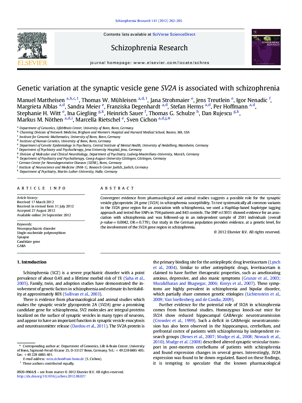 Genetic variation at the synaptic vesicle gene SV2A is associated with schizophrenia