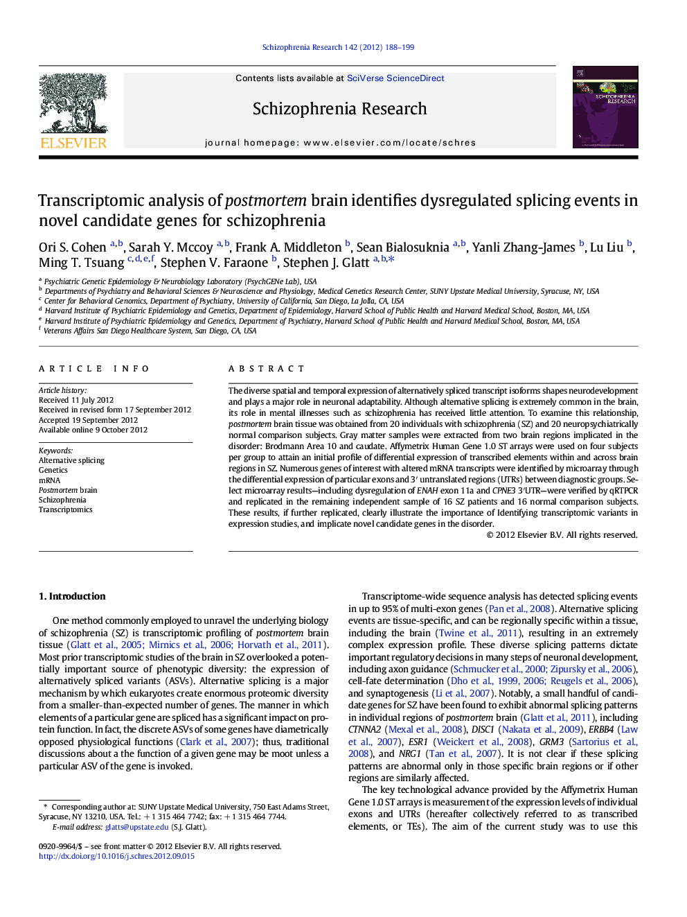 Transcriptomic analysis of postmortem brain identifies dysregulated splicing events in novel candidate genes for schizophrenia