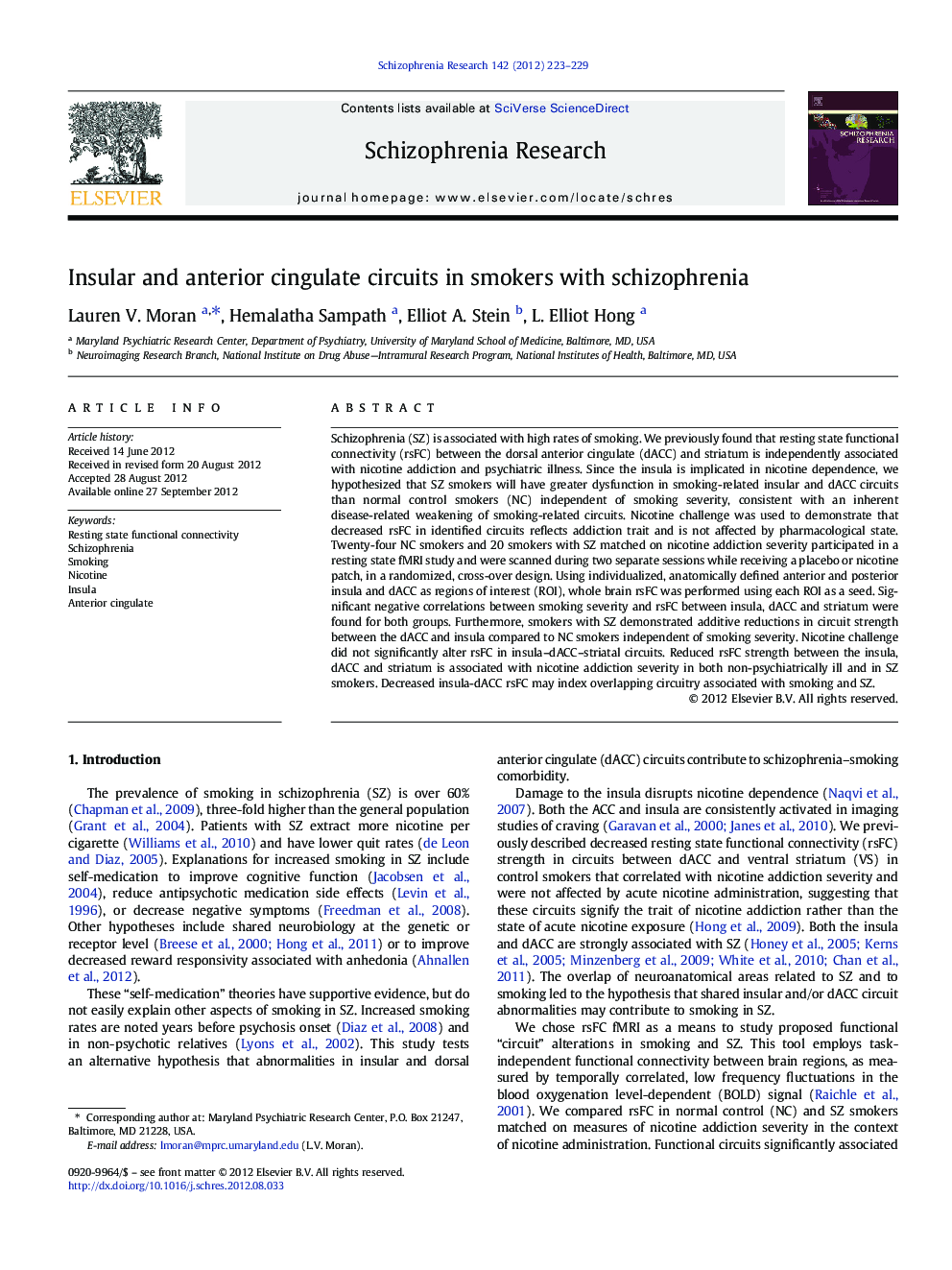 Insular and anterior cingulate circuits in smokers with schizophrenia