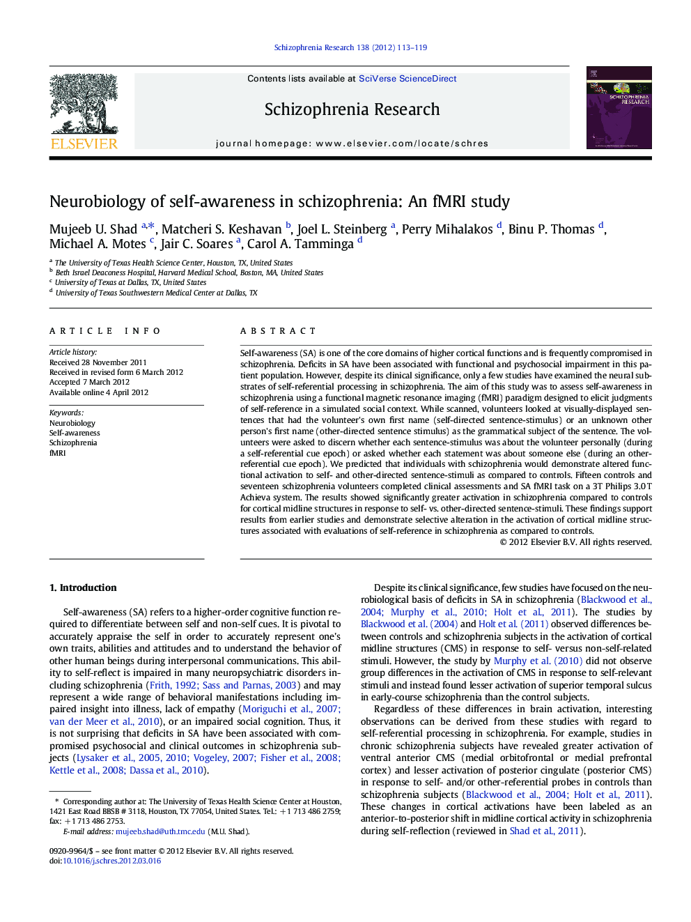 Neurobiology of self-awareness in schizophrenia: An fMRI study