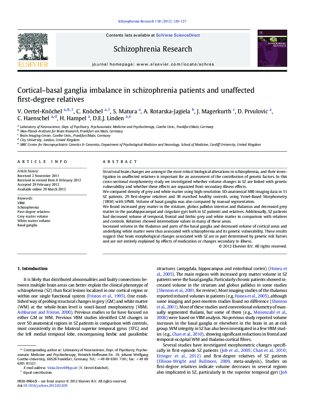 Cortical-basal ganglia imbalance in schizophrenia patients and unaffected first-degree relatives