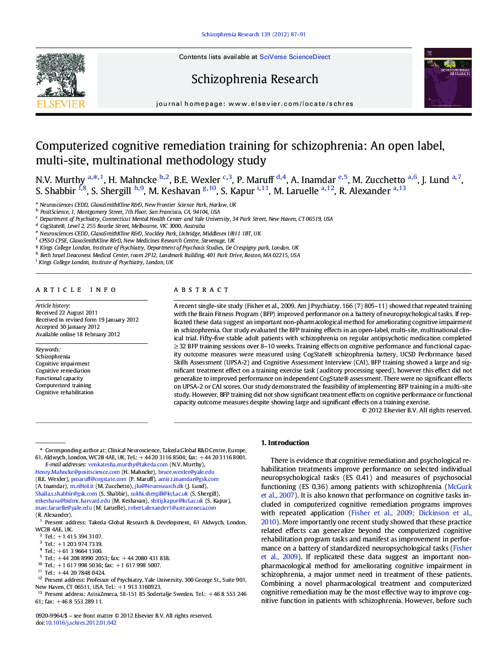 Computerized cognitive remediation training for schizophrenia: An open label, multi-site, multinational methodology study