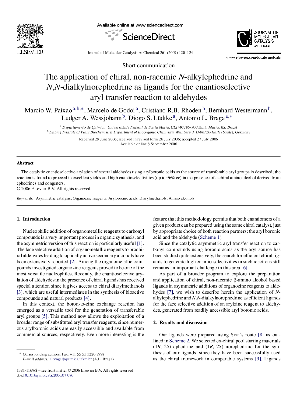 The application of chiral, non-racemic N-alkylephedrine and N,N-dialkylnorephedrine as ligands for the enantioselective aryl transfer reaction to aldehydes