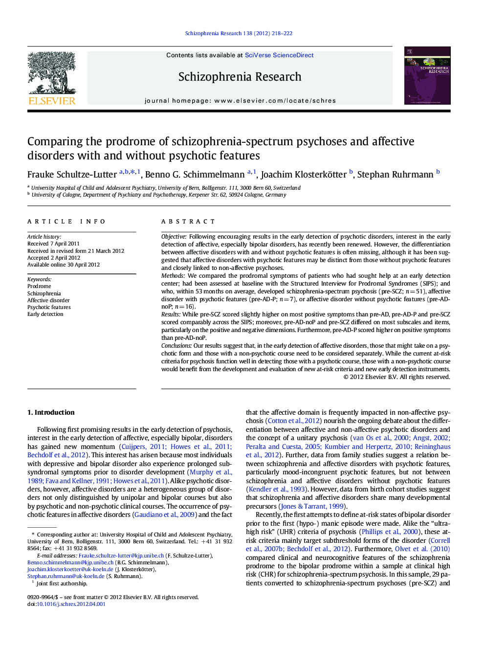 Comparing the prodrome of schizophrenia-spectrum psychoses and affective disorders with and without psychotic features