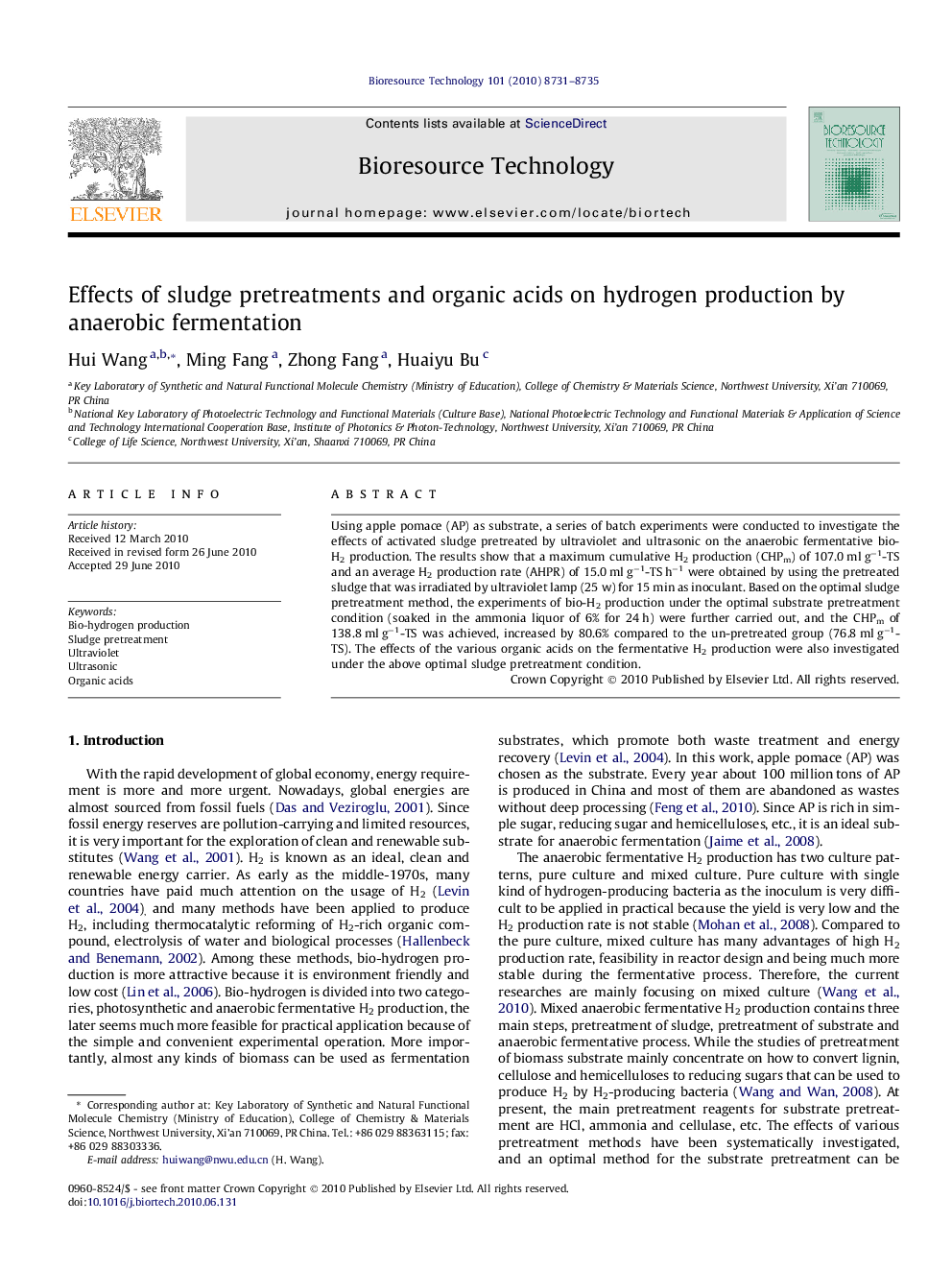 Effects of sludge pretreatments and organic acids on hydrogen production by anaerobic fermentation