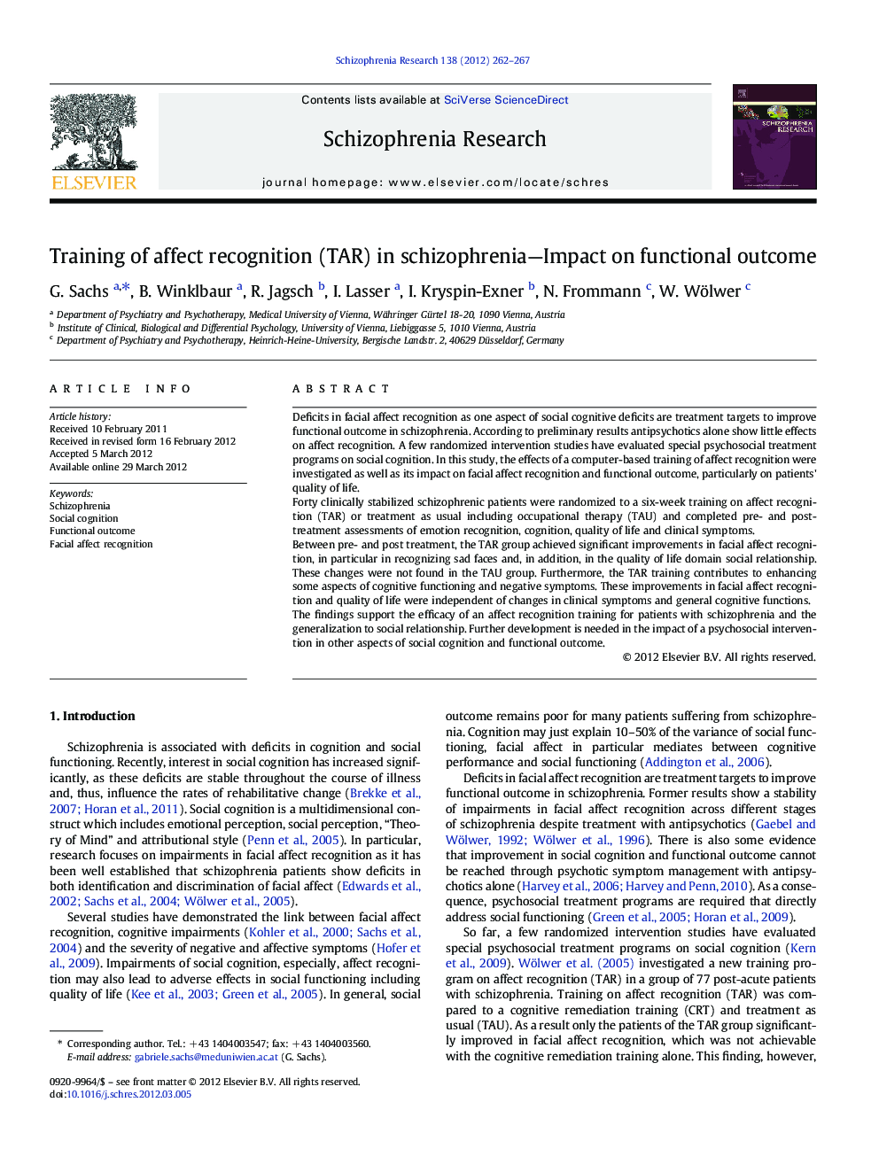 Training of affect recognition (TAR) in schizophrenia-Impact on functional outcome