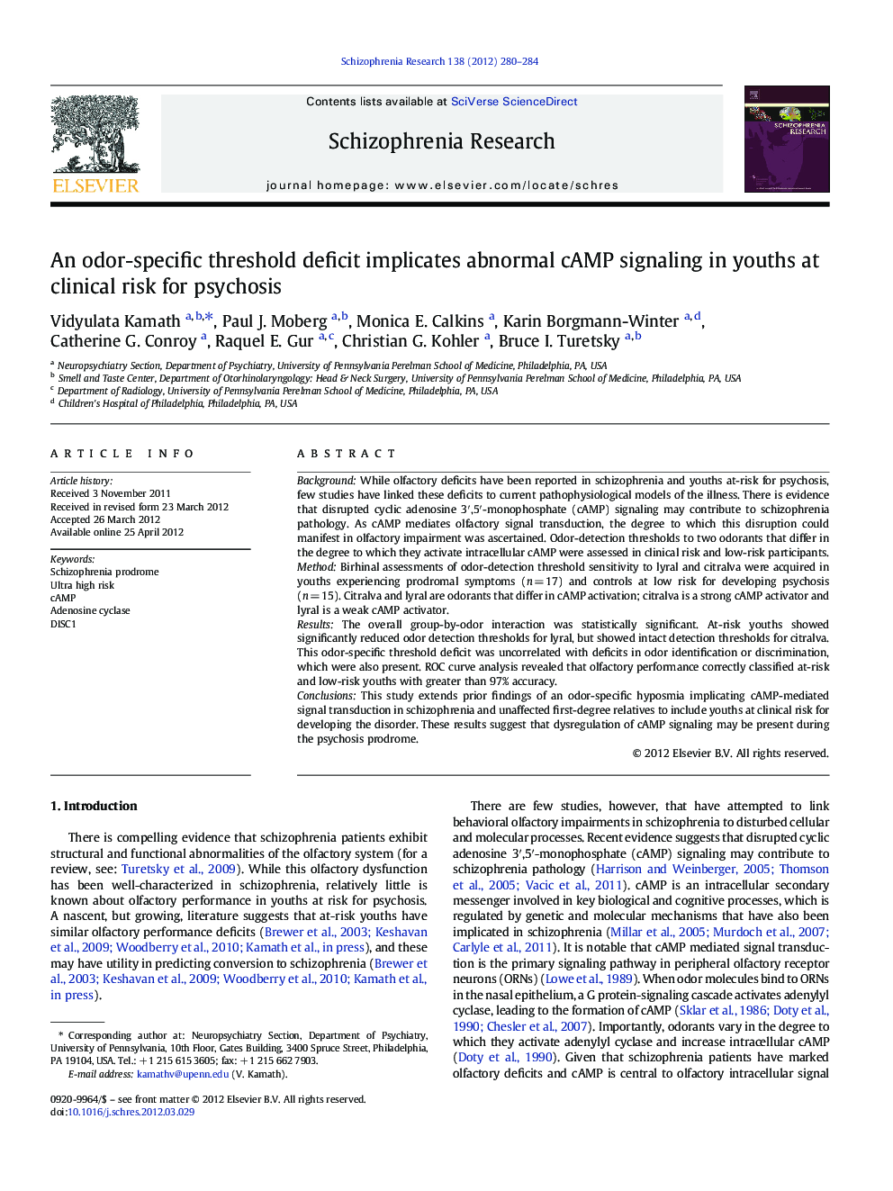 An odor-specific threshold deficit implicates abnormal cAMP signaling in youths at clinical risk for psychosis