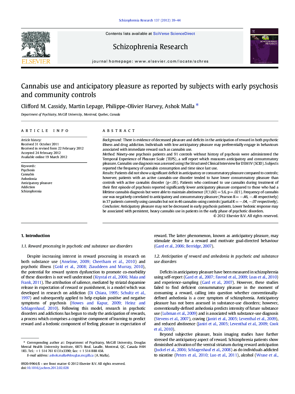 Cannabis use and anticipatory pleasure as reported by subjects with early psychosis and community controls