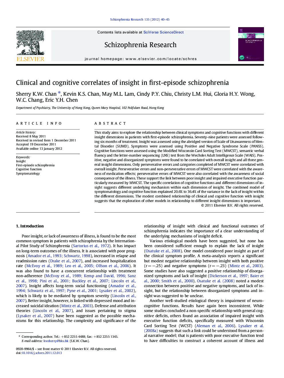 Clinical and cognitive correlates of insight in first-episode schizophrenia