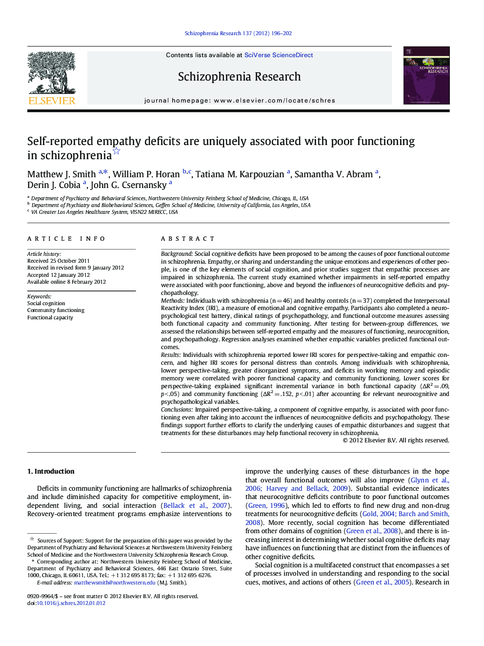 Self-reported empathy deficits are uniquely associated with poor functioning in schizophrenia