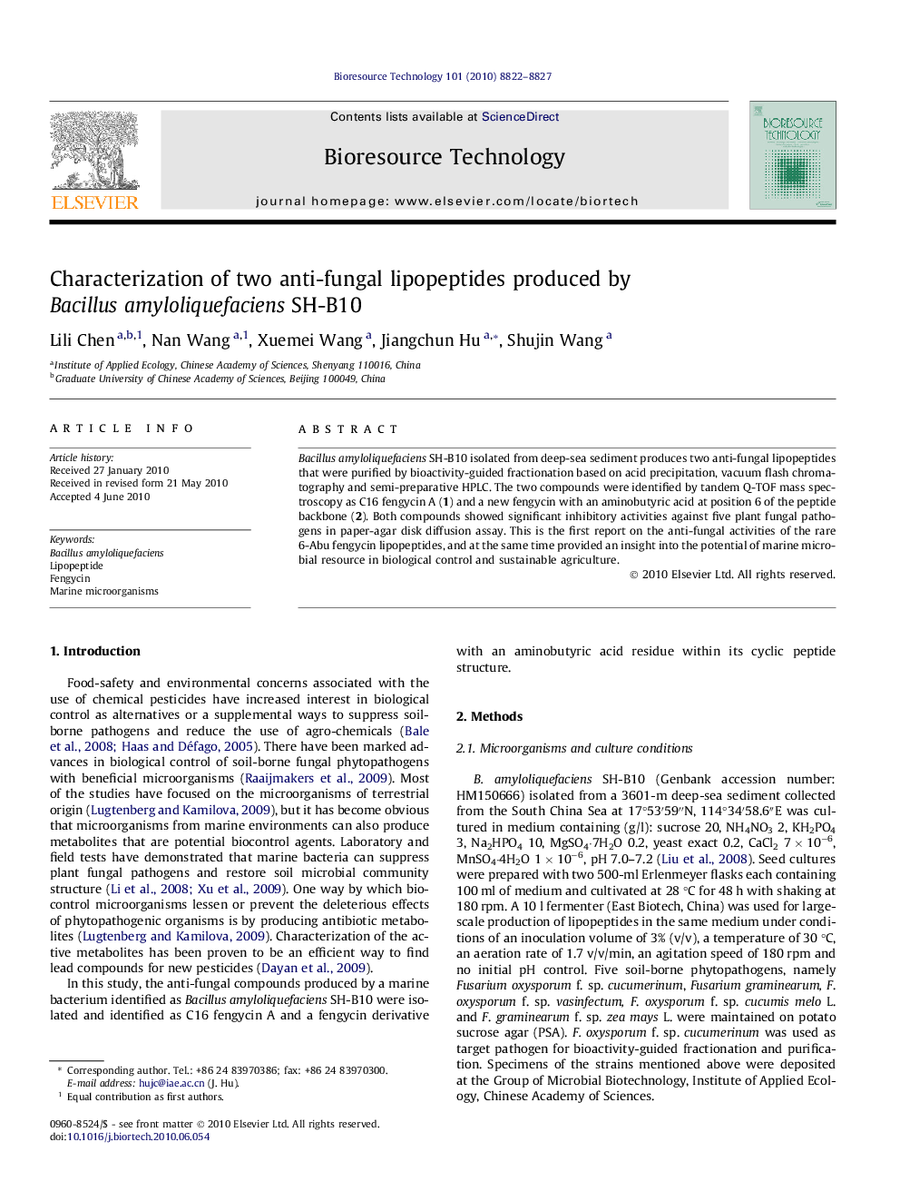 Characterization of two anti-fungal lipopeptides produced by Bacillus amyloliquefaciens SH-B10