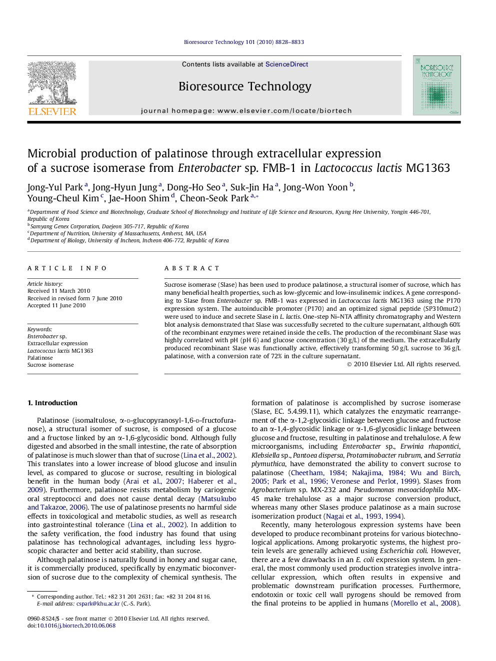 Microbial production of palatinose through extracellular expression of a sucrose isomerase from Enterobacter sp. FMB-1 in Lactococcus lactis MG1363