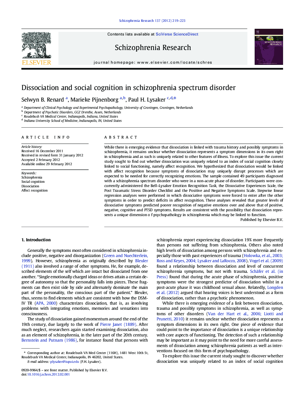 Dissociation and social cognition in schizophrenia spectrum disorder