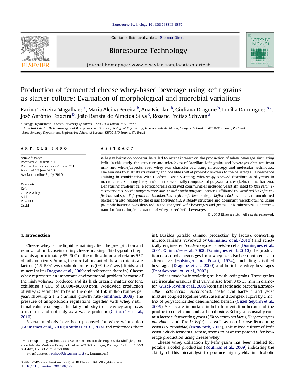 Production of fermented cheese whey-based beverage using kefir grains as starter culture: Evaluation of morphological and microbial variations