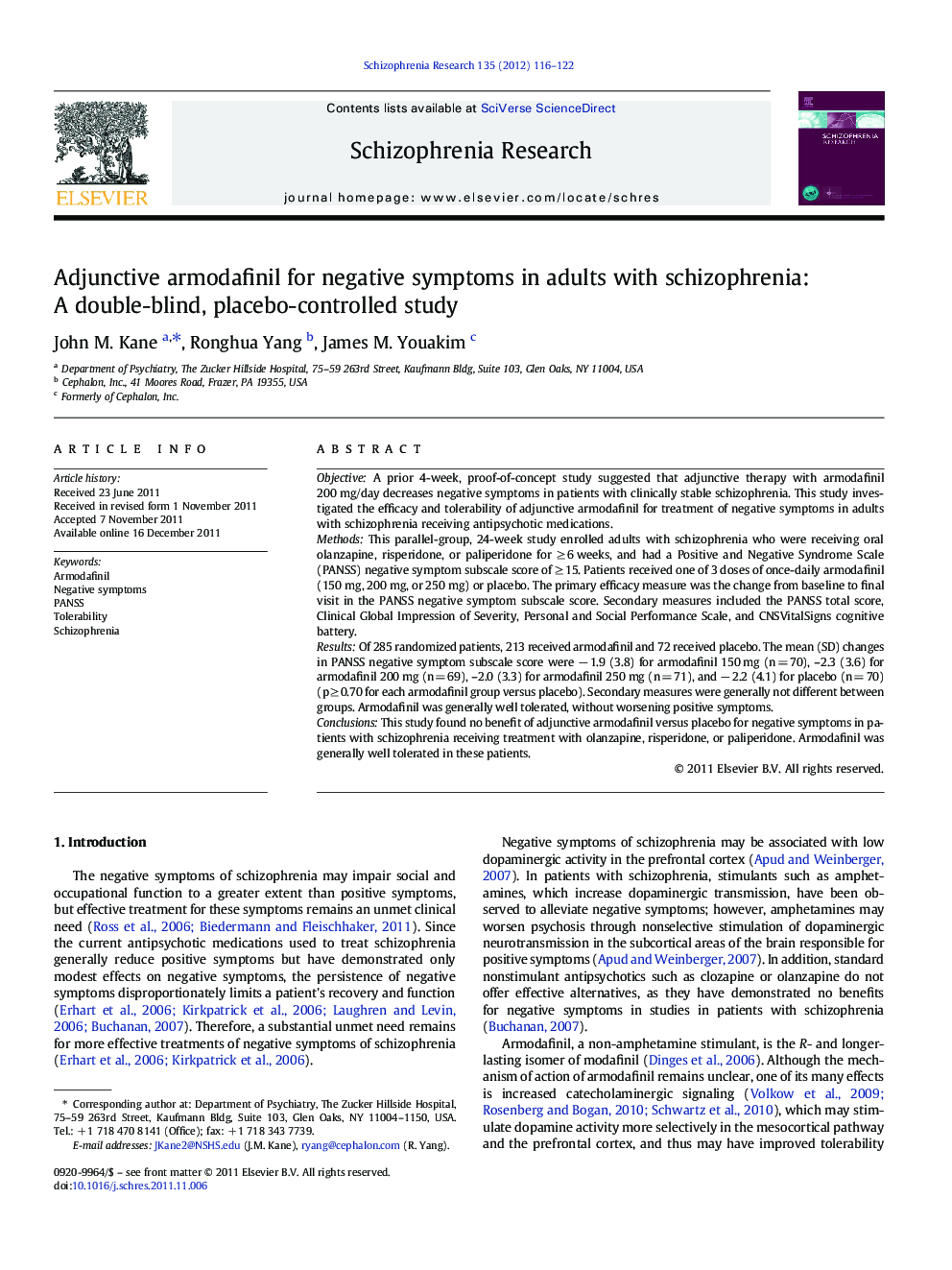 Adjunctive armodafinil for negative symptoms in adults with schizophrenia: A double-blind, placebo-controlled study