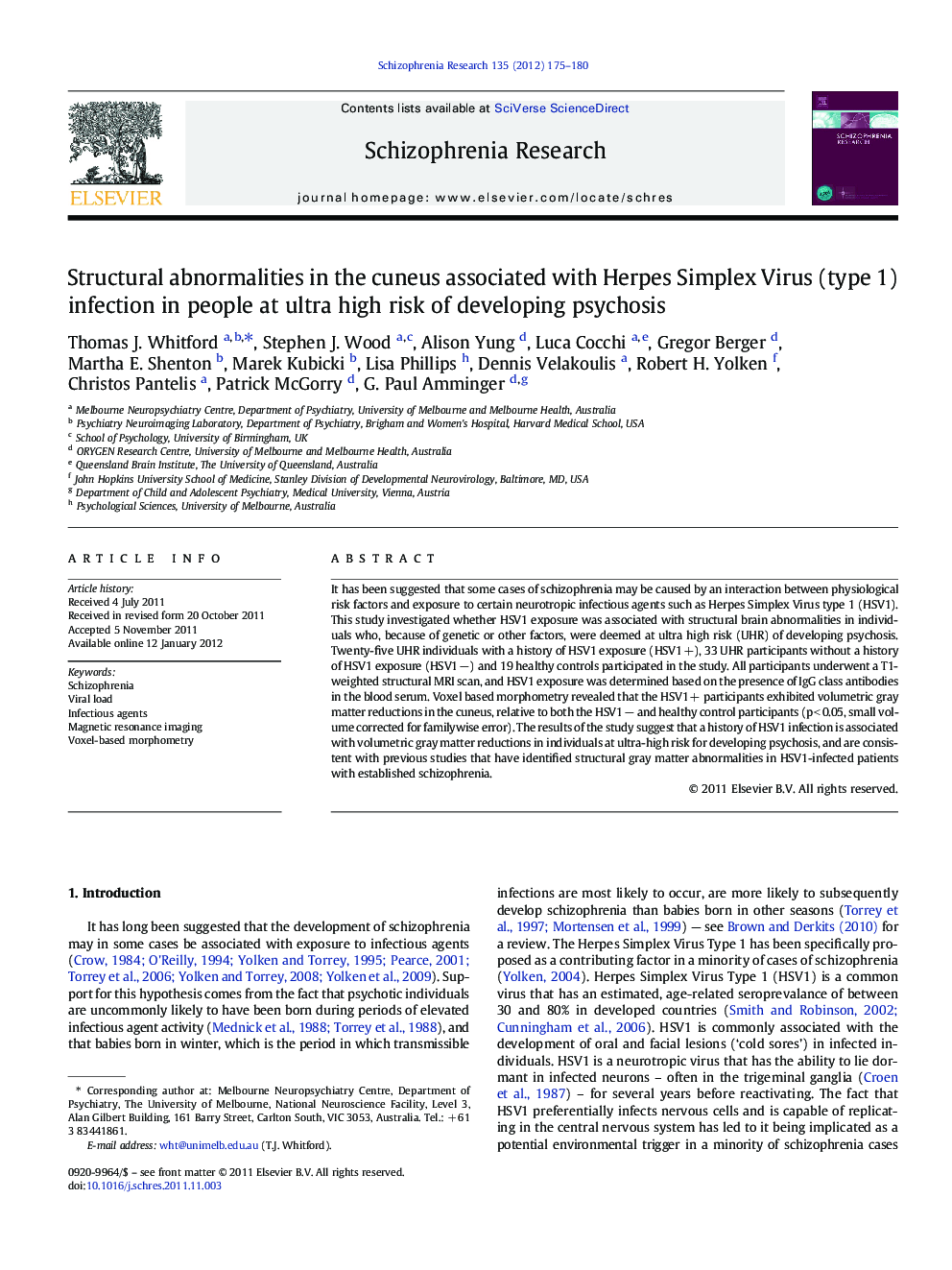 Structural abnormalities in the cuneus associated with Herpes Simplex Virus (type 1) infection in people at ultra high risk of developing psychosis